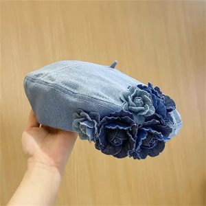 béret femme en jean fleur